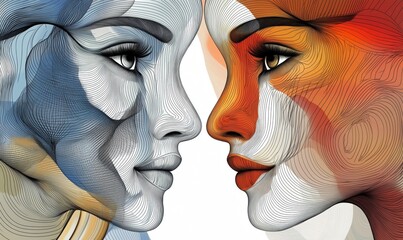 Poster - Abstract portrait of two women facing each other, intricate line art, contrasting colors, emotional expressions, modern artistic style