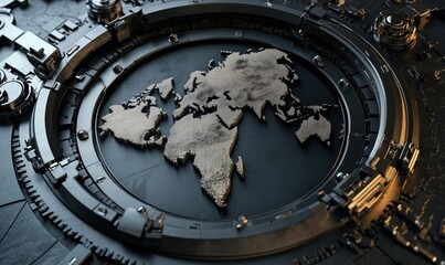 Poster - 3D metallic world map design with intricate mechanical details and futuristic elements, showcasing global connectivity and technology