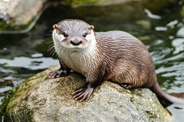 Wall Mural - An otter sits on a rocky outcropping in a body of water, surrounded by aquatic plants