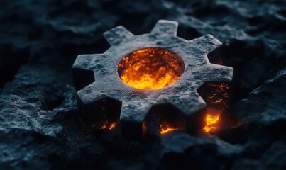 Poster - Glowing Gear Symbolizing Industry and Innovation Amidst Molten Lava Background
