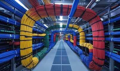 Poster - Colorful network cables in data center creating vibrant pathways, showcasing organized infrastructure and advanced technology