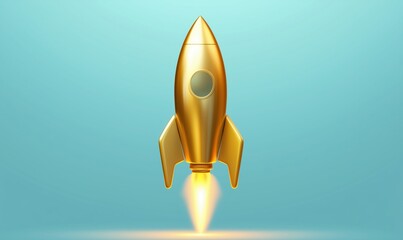 Poster - Golden rocket launching with flames against blue background, symbolizing innovation and progress