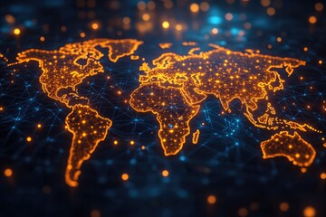 Poster - A world map illuminated with a soft glow on a dark background, ideal for use in presentations or displays