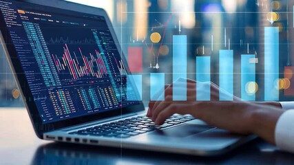 Poster - analyzing financial data on laptop with city skyline in the background during twilight hours, analyz