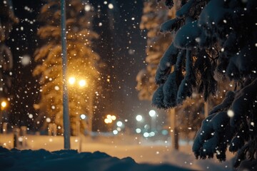 Wall Mural - A snowy night scene with a street light in the background, perfect for winter themed images