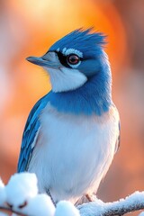 Wall Mural - A blue and white bird perched on a snowy branch, looking out at the winter landscape