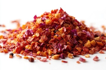 Wall Mural - closeup of vibrant red chili pepper flakes finely chopped and milled showcasing their texture and color against a crisp white background highlighting culinary vibrancy