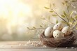 © Bojan - Festive Easter background with decorated eggs and delicate floral arrangements in springtime