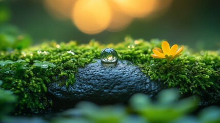 Wall Mural - Dewdrop Reflecting Nature On Mossy Rock With Flower