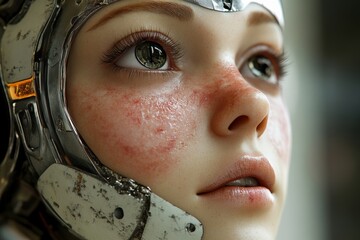 Poster - Young android head robot nice woman with part of skin and metal on a face