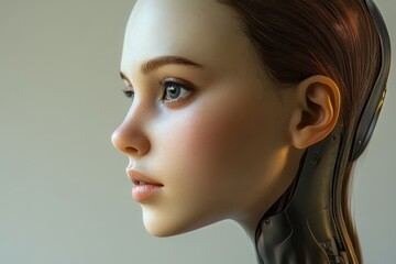 Poster - Young android head robot nice woman with part of skin and metal on a face
