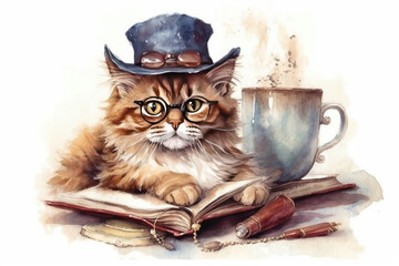 Wall Mural - cat with glasses in front of an open book, illustration., watercolor style, Generative AI