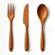© Pete - Wooden cutlery set displayed on transparent backdrop. Fork knife, wooden spoon isolated showing natural wood texture. Top view classic kitchen utensils for meal preparation. Great for various design