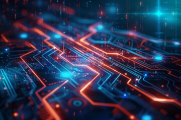 Fototapete - Abstract technology circuit board wallpaper featuring glowing blue and orange lines in a digital environment, emphasizing innovation and connectivity in modern computing
