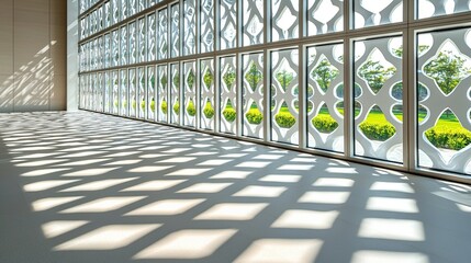 Wall Mural - Sunlight through ornate window casts shadows on indoor floor.