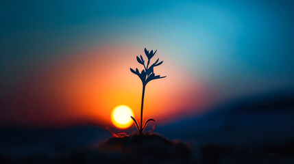 Wall Mural - leafy plant is silhouetted against a beautiful sunset.