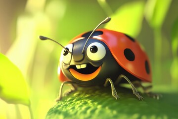 Wall Mural - A ladybug sits on the edge of a green leaf, enjoying the warm sunlight