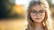 © aicandy - A young child with long blonde hair and glasses gazes directly at the camera, standing in front of a blurred, autumn-colored background in natural light