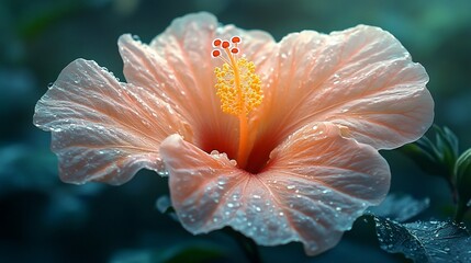 Wall Mural - Dew Kissed Peach Hibiscus Flower Blossom