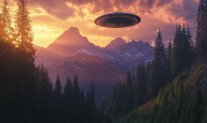 Sticker - A captivating scene of a UFO hovering above a majestic mountain forest during the golden hour of sunset.