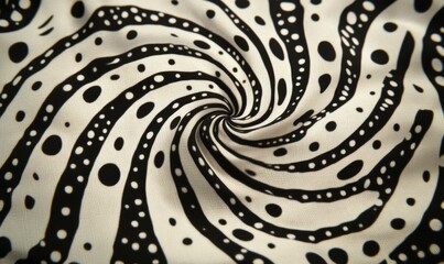 A modern, monochromatic fabric design featuring a swirling pattern of abstract shapes against a polka dot background.