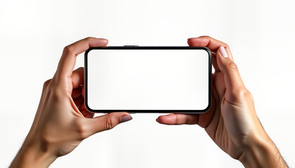 Poster - Two hands hold smartphone with blank screen. Isolated white background. Modern tech device. Empty display mockup. Versatile design template. User interaction concept. Ideal for promotional materials.