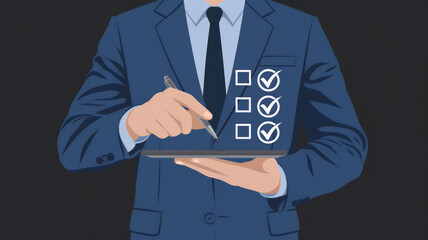 Poster - Business Performance Checklist: A Businessman Utilizing His Smartphone to Complete an Online Assessment for Evaluation and Survey Purposes