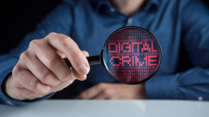 Poster - Businessman Holding Magnifying Glass with Binary Code and Red Digital Crime Wording for Focus and Analysis in Hacker Concept Imagery