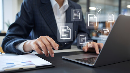 Poster - Businessman Touching Approved Document Icon on Digital Documents: A Visual Representation of Quality Assurance and Online Evaluation for Business Project Proposals