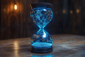 a futuristic hourglass with binary code as the sand