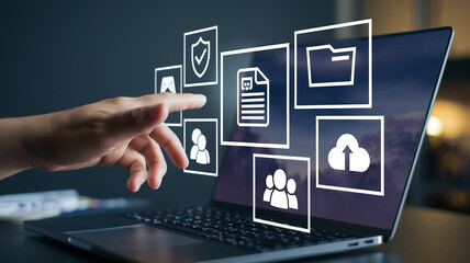Poster - Businessman Utilizing a Laptop for Document Management Solutions and Online Database System for Efficient Record Keeping and File Access