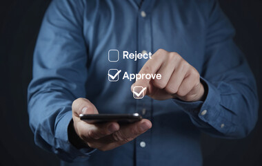 Aufkleber - Businessman Using Smartphone to Approve Quality Document and Project Approval Concept for Business Success