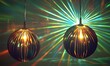© PrysWowor - Two hanging lamps glowing against a vibrant, colorful light show background for festive decoration or interior design.
