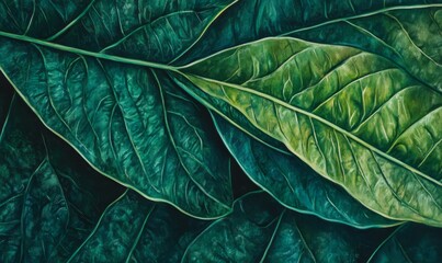 Wall Mural - close-up of a green leaf, showcasing vibrant veins and intricate textures