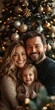 © aicandy - A joyful family posing together in front of a decorated Christmas tree with warm lights and festive ornaments, capturing the essence of holiday celebrations.
