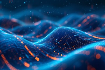 Fototapete - Exploring an abstract digital landscape with flowing waves illuminated by glowing lines and particles in vibrant blue and orange hues during a futuristic backdrop
