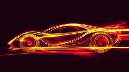 Poster - High speed curves of driving line with light neon effect. Red and yellow glowing dynamic trace of fast moving car or race. Realistic vector illustration of energy flash lines on black background.