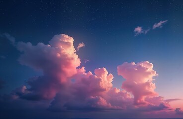 Poster - Pink clouds and stars glow in twilight sky. Dramatic colors create beautiful skyscape. Romantic clouds fill twilight sky. Pink clouds softly glow. Stars sparkle in dark sky.