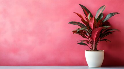 Wall Mural - A pink wall serves as a vibrant backdrop for a decorative red plant in this stock photo, creating a visually appealing and colorful setting for a variety of design and lifestyle concepts