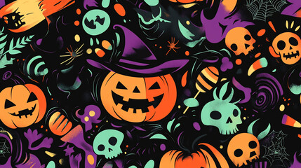 halloween pumpkins, skulls, candy, and witch hat seamless pattern.