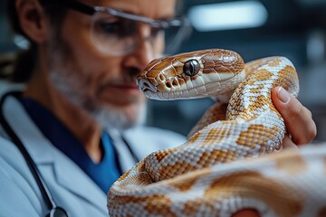 Poster - A scientist holds a snake in his lab coat, suitable for medical or science-related concepts