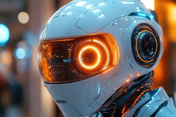 Poster - A close-up view of a robot's head with bright, shining eyes