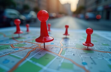 Poster - Red location markers pinpoint points on city map. Multiple destinations marked on paper map. Future tech integration with navigation concept. Tech innovation shown. GPS, route concept. New location,
