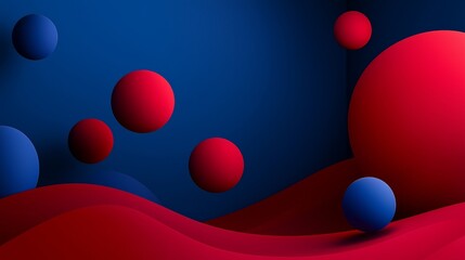 Poster - Floating red and blue spheres drift across abstract waves, forming a modern and stylish design. The striking color contrast between the vibrant hues creates a captivating visual experience