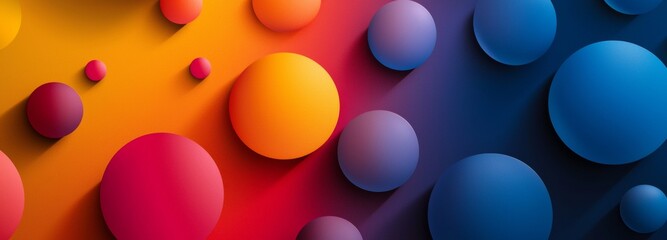 Poster - Colorful spheres casting long, dramatic shadows on a vibrant gradient background, forming a striking modern abstract composition that captivates with its geometric shapes and textures