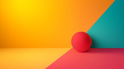 Poster - Vibrant red sphere resting on a multicolored surface, creating striking contrast against teal and yellow walls, perfect for product display or conceptual visuals