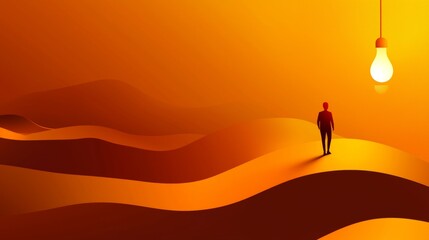 Poster - Businessman is walking in an abstract orange surreal landscape towards a hanging lightbulb, representing the search for ideas and innovation