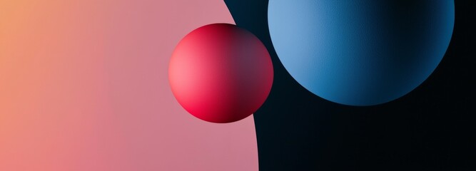 Poster - Floating in an abstract space, two spheres—one vibrant red and the other deep blue—create a striking contrast against a smooth gradient background, enhancing the composition's visual appeal
