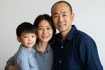 Happy asian family, consisting of mother, father, and son, smiling together against a clean white background in a cheerful studio portrait, radiating love and togetherness