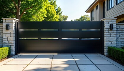 Poster - Modern automatic sliding gate. Stylish black gate with glass panels. Residential driveway. High-end property entrance. Secure automated tech. Privacy and safety ensured. Exterior design element.